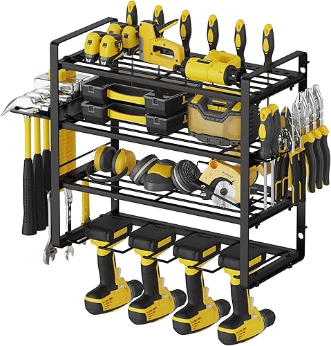 AcornFort W-1701 4 Etagen 40cm Mittlere Größe Wandregal Metall Schwere Garage Werkzeug Werkstatt Organizer 4 Steckplätze Akkuschrauber Halterung Wand Werkzeugaufbewahrung mit 4 Bohrhaltern - Cheap-Us