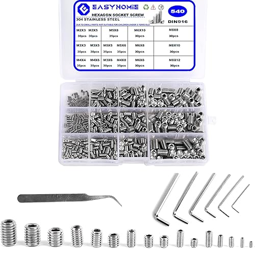 540 Stück Edelstahl Madenschrauben, M2/3/4/5/6/8 Innensechskant Gewindestifte mit 6 Schraubenschlüsseln und 1 Pinzette für Befestigung von Maschinenteilen - Cheap-Us