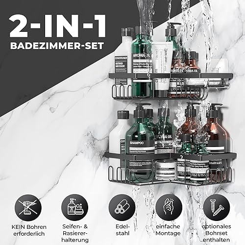 W&S Duschregal 3er Set - Duschablage Badablage ohne Bohren Edelstahl | 2 Badregale + 1 Seifenablage Rostfrei Rutschfest Badezimmer Shower Caddy Duschkorb mit Magic Sticker Shampoo Halterung Organizer - Cheap-Us