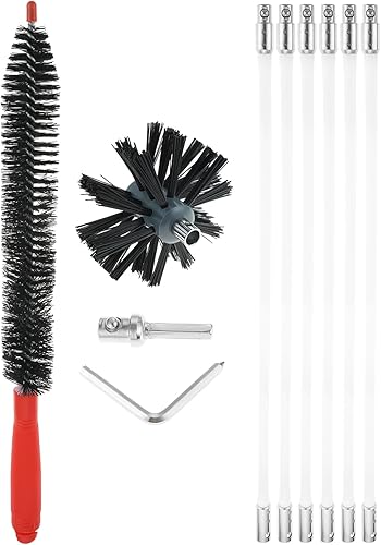 DRELD 10PCS Kaminbürsten-Kit Kaminbürste Stange Set Schornsteinbürsten-Set Kanalentlüftungs Reinigungsset mit 6 Flexible Stangen 410mm/Pro, 1 Bürstenkopf Ø100mm, 1 Lange Bürste, 2 Zubehör - Cheap-Us