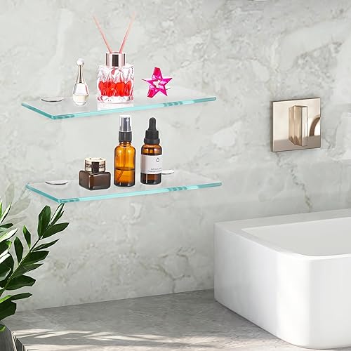 JIZZU 1Stück 30 x 13cm Glasregal Badezimmer, Glas Bad-Regal Wandregal mit 6mm Dickem Sicherheitsglas und Halterung, Glasregal Bad mit Abgerundeten Ecken, Glasregal für Badezimmer, Schlafzimmer, Küche - Cheap-Us