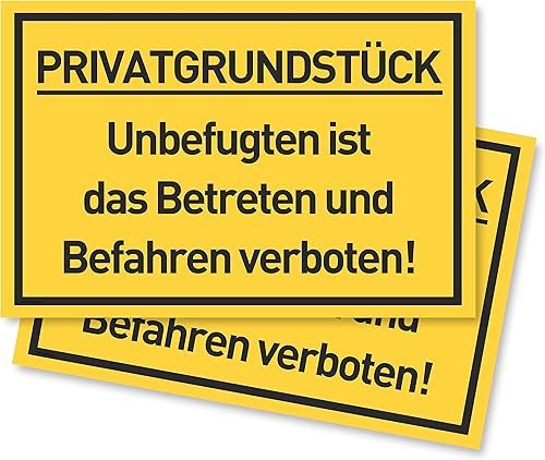 2er Set Privatgrundstück Schilder (30x20 cm Kunststoff) - Betreten und Befahren verboten Schild - Privatweg - Zutritt verboten - Durchgang Privat - (Gelb) Betreten Verboten - Cheap-Us