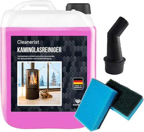 Kamin- & Ofenglas Reiniger | 5 Liter | Reinigungsmittel zum Entfernen von hartnäckigen Verschmutzungen auf Kamin- und Ofenglasscheiben I inkl. 1x Schwamm & Ausgießer - Cheap-Us