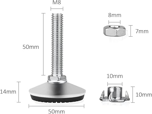 Drenky Stellfüße Höhenverstellbar, M10 x 50mm Möbelfüße Verstellbar Edelstahl 4 Stück Schraubfüße mit Einschlagmuttern und Geräuscharme rutschfeste Kunststoffbasis - Cheap-Us