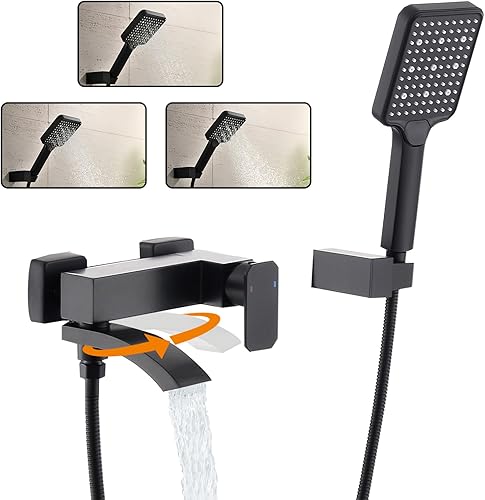 BAITUJIE Badewannenarmatur Schwarz, Mischbatterie Badewanne mit 3 Funktionen Handbrause Wasserhahn Bad Schwarz Matt mit 90° Drehbaren Auslauf Armaturen Badewanne - Cheap-Us