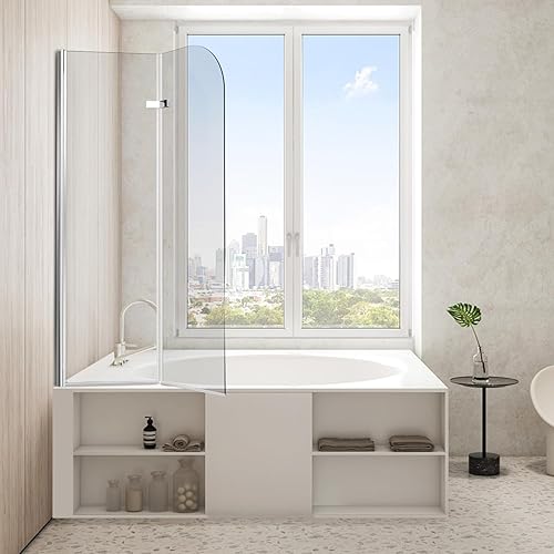 Jiubiaz Duschwand für Badewanne 100x140cm, 2-teilig faltbare Glas Duschwand, 6mm EGS Sicherheitsstreifen Badewanne Bildschirm, duschkabine Zubehör, weißer Streifen - Cheap-Us
