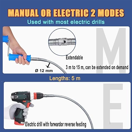 Rohrreinigungsspirale 2 * 3-Meter-Spiralen,Spiraldurchmesser 12mm,mit 6 Stück Abflussreiniger Schneidkopf und 1Manuellen Adaptern und 1elektrische Adaptern,Rohrreinigungsspirale aus Stahl - Cheap-Us
