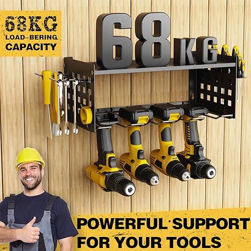 Yeabett 3 Ebenen Werkzeug Wandhalterung, Werkzeugspeicher Aufbewahrung für 4 Elektrowerkzeug, Werkzeug Wandhalterung für Garage, Werkstatt, 42.5 * 20 * 31cm (Schwarz) - Cheap-Us