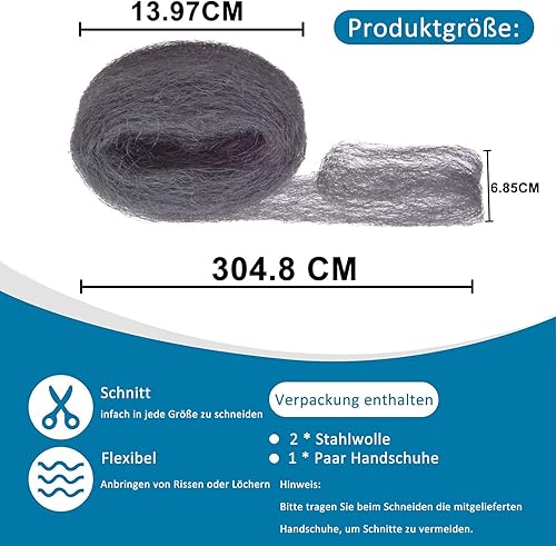 2 Rollen Mäuse Stahlwolle, 3m Stahlwolle gegen Mäuse für Löcher, Ritzen, Wand und Fenster, einfach Zu Schneiden Mäuse fernhalten Stahl Wire Wolle mit Handschuhe - Cheap-Us