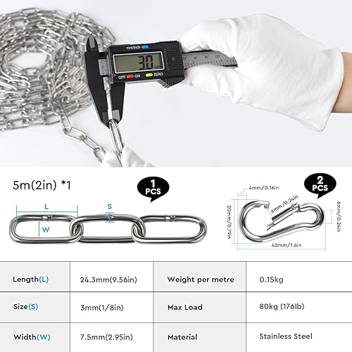 EXLECO 4er Edelstahlkette 1M 3mm Stahlkette Kette Gliederkette Absperrkette Zierkette Metallkette zum Aufhängen Hundekette Ankerkette Rundgliederkette langgliedrig mit 8 Karabinerhaken poliert - Cheap-Us