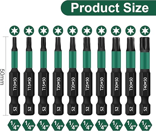 UBESTHS Torx Bit Set 10 Stück, Schraubendreher Bits Set, 1/4' Sechskantschaft, 50mm Länge mit Box - Cheap-Us