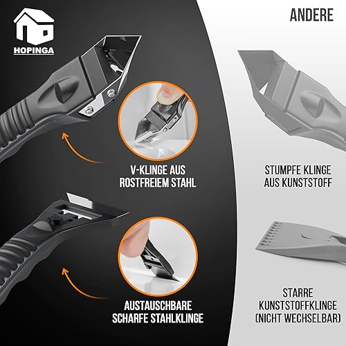 HOPINGA Profi Silikonentferner Werkzeug Set mit V-Klinge aus Edelstahl | Fugenkratzer Fugenmesser mit wechselbarer Klinge | Fugenglätter Silikon Abzieher für Silikonfugen + Anleitung - Cheap-Us
