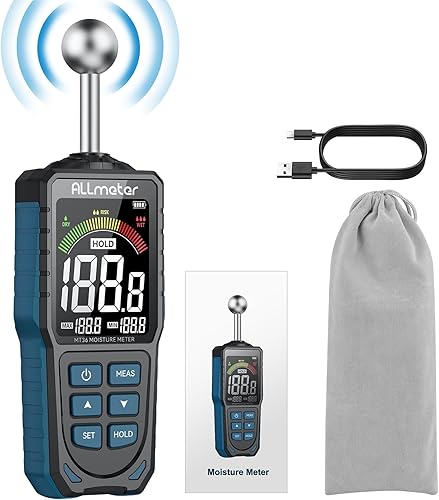 ALLmeter Wiederaufladbar Feuchtigkeitsmessgerät Feuchtigkeitsmesser 5-40 mm Analysetiefe mit Stoffbeutel Farb-LCD Akustischem Alarm Kugelform Feuchtigkeitsmesser für Wand Putz Mauerwerk Holz Beton - Cheap-Us