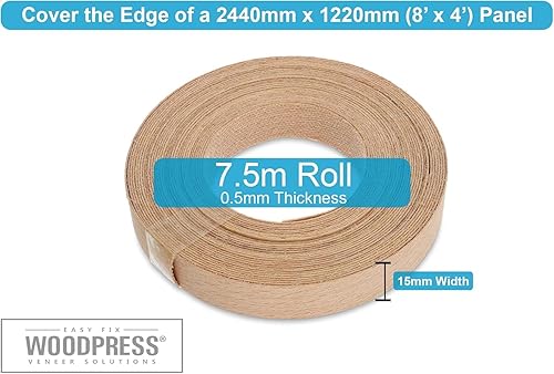 WoodPress® 15 mm echte gedämpfte Buchenkante zum Aufbügeln – 7,5 m Rolle – vorgeklebtes Holzfurnierband für einfache DIY-Anwendung - Cheap-Us