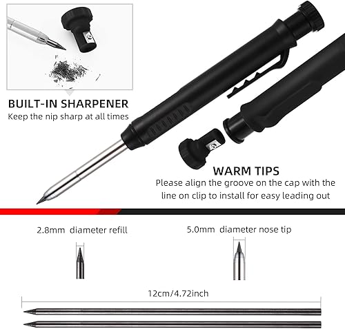 cobee Mechanische Zimmermannsbleistifte mit 6 Minen, Solide Zimmermannsbleistifte mit integriertem Spitzer Holzbearbeitung Tiefes Loch machen Automatische Bleistifte Lange Nase zum (Schwarz) - Cheap-Us