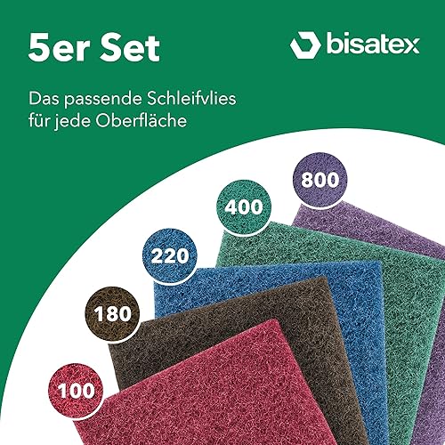 BISATEX® Schleifvlies 5er Set verschiedene Körnungen P100-800 - Langlebige & zuschneidabre Schleifpads in 155 x 210 mm - Vlies zum Abschleifen von Holz, Metall & Kunststoff - 100% Made in Germany - Cheap-Us