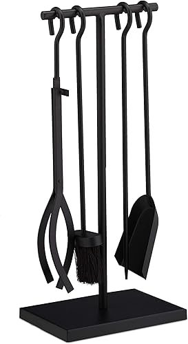 Relaxdays Kaminbesteck 5 tlg., modern, Kamingarnitur mit Schürhaken, Zange, Kaminbesen, Ascheschaufel & Ständer, schwarz - Cheap-Us