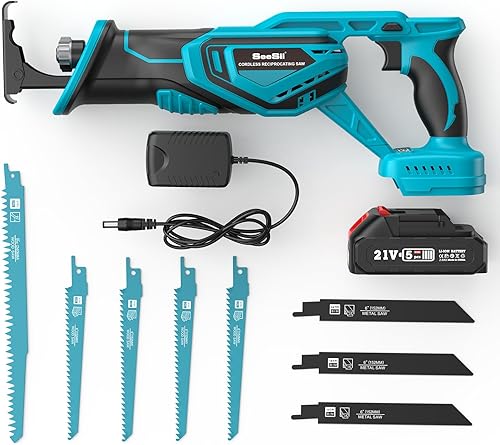 Akku-Säbelsäge/Reciprosäge, Akku-Säbelsäge mit 21V 2000mAh Batterien Werkzeugloser Klingenwechsel 8 Stück Säbelsägeblatt Set, 3300 U/min Säbelsäge for Holz, Plastik und Metallschneiden - Cheap-Us