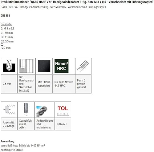BAER HSSE vaporisiert Handgewindebohrer-Satz M 8 x 1,25 für Edelstahl - 3-teiliges Gewindebohrer-Satz - Vorschneider mit Führungszapfen - Cheap-Us
