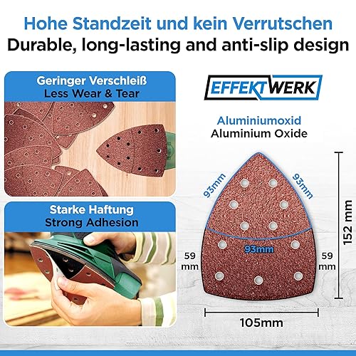 EffektWerk Delta-Schleifpapiere (120er-Pack, 11 Löcher), 105 x 152 mm, dreieckige Schleifpads für Mausschleifer, mehrere Körnungen (40, 60, 80, 120, 180, 240) - Cheap-Us