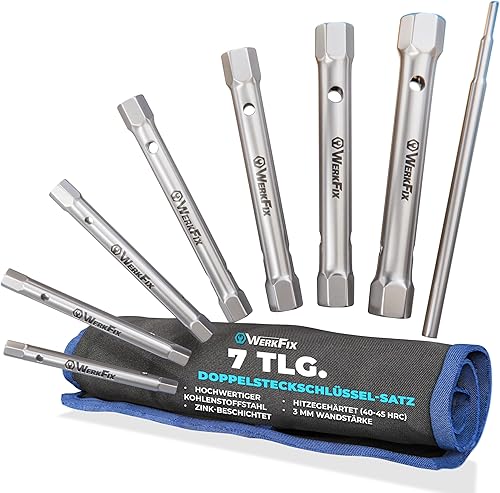 S&R WerkFix Rohrsteckschlüssel set 7-tlg. mit Drehstange : 6/7, 8/9, 10/11, 12/13, 14/15, 16/17, 18/19 mm aus CrV-Stahl in der Rolltasche - Cheap-Us