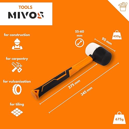 MIVOS Rückschlagfreier Schonhammer 1350g mit 2K Glasfaserstiel - Ø 65 mm - Pflastererhammer mit Doppelkopf aus Nylon und Gummi - Montagehammer mit wechselbarem Schlagkopf - Weiß Schwarz - Cheap-Us