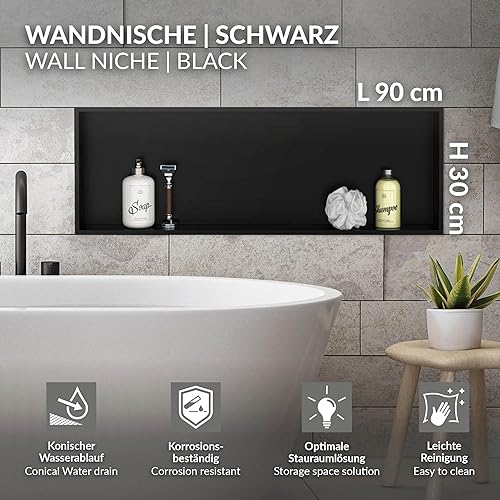 LuxeBath Wandnische aus Edelstahl, 20x30x10 cm, Schwarz, Duschnische mit Rahmen, Einbauregal, Flexibler Einbau, Befliesbare Nische für Badutensilien, Duschablage, Einzelregal Lagerung für Badezimmer - Cheap-Us