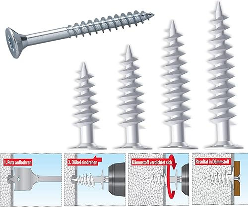 Dämmstoffdübel Thermo Wärmebrückenfreie Befestigung, Verarbeitung ohne Vorbohren oder Spezialwerkzeug möglich (10 Dämmstoffdübel + 10 Schrauben, 50 mm) - Cheap-Us