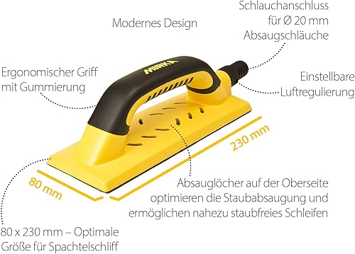 Mirka Handy Handschleifer mit Klett und Absaugung für 80x230mm Schleifstreifen, Schleifklotz zum Schleifen von Spachtel, Gips, Holz, Staubfreies Schleifen, 8391200111 - Cheap-Us