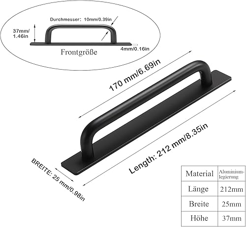 shuokang 2 Stück Selbstklebende Möbelgriffe, Aluminium Schrankgriffe, Schubladengriffe, Türgriffe, Ohne Bohren Griff für Kleiderschrank, Küche, Schiebetür, Balkontür (148mm, Schwarz) - Cheap-Us