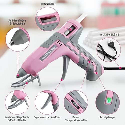 WORKPRO Heißklebepistole, 60/100 W Klebepistole mit 10 Heißklebesticks, Zwei Heizmodi, Schnelle Verklebung 9-12 g/min, 90s Schnellvorheizung, 3-Punkt-Halterung, für DIY und Reparaturen, Rosa&grau - Cheap-Us