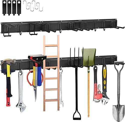 Qupzze Garage Tool Management Wall RackMetall Wandhaken Werkzeugregal für Garage, Keller, Werkstatt, 10 verstellbare Haken, für Besen, Rechen, Werkzeug, Gartengeräte, Skiausrüstung, Stühle - Cheap-Us