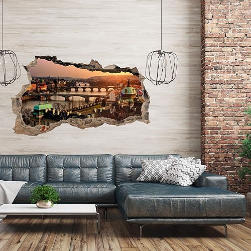 3D Wandtattoo Mauerloch Wandsticker Wandaufkleber Durchbruch Städte Landschaft Abenteuer selbstklebend H 60 x B 100 Schlafzimmer Wohnzimmer (WL56 Wasserlinie) - Cheap-Us