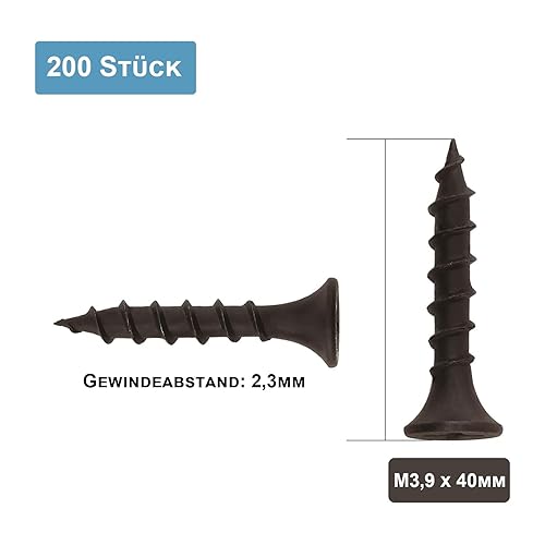 ORTAVA 200 Stück Schnellbauschrauben 3,9 x 50 mm, Trockenbauschrauben Grobgewinde und Kreuzschlitz Phosphatiert mit Schraubendreher Bit, Rigips Schrauben, Gipskartonschraube, Holzschrauben (Schwarz) - Cheap-Us