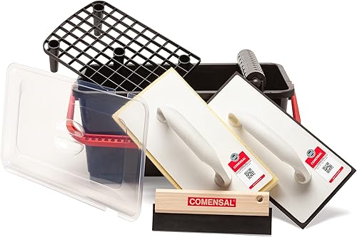 COMENSAL® Fliesenwaschset - 8-teiliges Fliesenleger Waschset M - 12L - Profi Fliesen Waschset zum Verputzen - mit Rollenaufsatz - Fugengummi - Hydroschwamm - Reibebrett mit Zellkautschuk - Made in EU - Cheap-Us