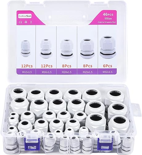 CoKeeSun 46 Stück Kabelverschraubung Set, IP68 Kabeldurchführung Wasserdicht M12 M16 M20 M25 M32, Verstellbare Nylon Kabelanschlüsse, Kabelverschraubungen für Outdoor Garten Schaltkasten Abzweigkasten - Cheap-Us