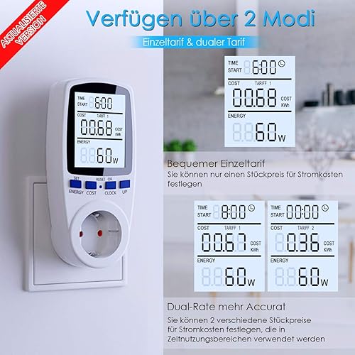 Stromkostenmessgerät, Stromzähler Leistungsmessgerät Energiekostenmessgerät Strommessgerät Steckdose, Leistungsmesser Messgerät mit Größer LCD Bildschirm, Überlastsicherung 3680W - Cheap-Us