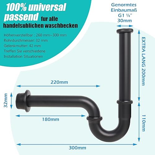 Universal Siphon【Extra Lang 200MM Tauchrohr】Syphon Badezimmer Waschbecken bad G1-1/4' Edelstahl rostfrei sifon Abflussrohr röhrensiphon abfluss ablaufgarnitur inkl Gummimanschette - Cheap-Us