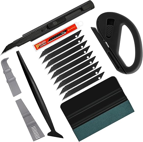EHDIS 7 Stück Folierungs Werkzeug Auto Folierung Set Vinyl Wraps Tool Fenster Tönung Vinyl Wrap Werkzeuge Filzrakel Cuttermesser mit 10 Klingen Rakel für Car Wrapping Folie (Schwarz) - Cheap-Us