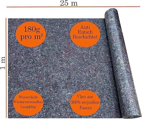 Malervlies Abdeckvlies 1 x 50m Rolle oder 1 x 25m Rolle - extra starkes Schutzvlies - mehrfach verwendbar - Stärke 180g/m² - Recycelten Fasern - Renovierung - Malerarbeiten - Cheap-Us