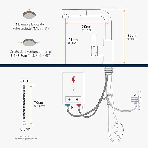 BLYLUND Niederdruck Armatur Küche, Küchenarmatur mit Brause Ausziehbar, Drucklose Mischbatterie Küche, Spültischarmatur mit 2 Strahlarten, Wasserhahn für boiler - Cheap-Us