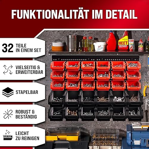 DEUBA® Werkzeugwand 190x54cm 97 tlg. 4 Starke Wandplatten Erweiterbar Werkstatt Lochwand Werkzeughalter Regal Stapelboxen - Cheap-Us