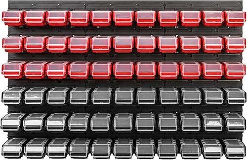 SimpleThing Lagersystem Werkstattregal | 117 x 78 cm | 66 stck. Box | Wandregal mit Stapelboxen - Wandplatten Extra Starke Schüttenregal Warkzeuglochwand Lagerregal Garage Regal (3) - Cheap-Us