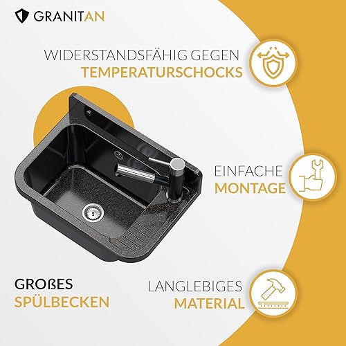 Granitan Ausgussbecken für Garage Keller Werkstatt und Waschküche - Universal Waschtrog Set mit Siphon - Waschbecken mit Abtropfschale Wandmontage aus Polypropylen - 50x34x31 cm - Schwarz - Figo - Cheap-Us