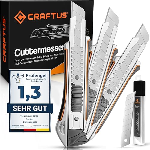 CRAFTUS® Profi Cuttermesser Set [3 Stück] aus Aluminium für Maximale Lebensdauer, Robuste Teppichmesser inkl. 10 SK5 Carbonstahl Abbrechklingen 18mm, für Heimwerker & Gewerbe - Cheap-Us