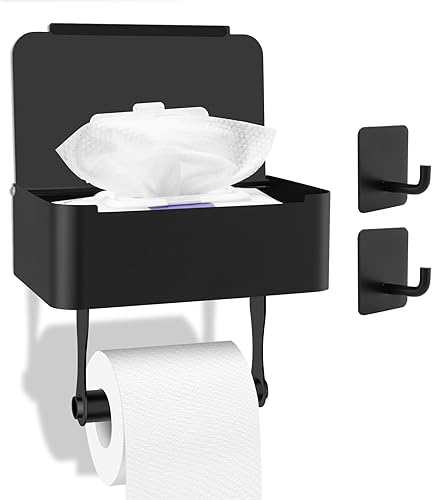 Toilettenpapierhalter Schwarz, Klopapierhalter mit Feuchttücherbox ohne Bohren Edelstahl, Selbstklebende Klorollenhalter mit Ablage und 2 Klebehaken, Klopapierhalter Schwarz für Küche und Badezimmer - Cheap-Us