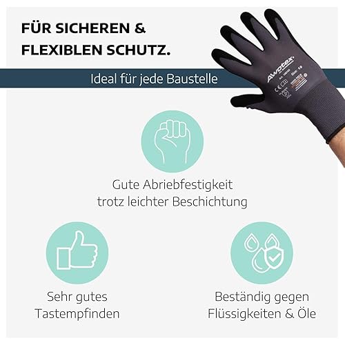 AWOTEX Montagehandschuh Nitril Größe 10 I 12 Stück Arbeitshandschuhe mit Nitrilschaum-Beschichtung I Gummi Handschuhe I Work Gloves 90% Nylon I Handschuhe Arbeitshandschuhe wasserdicht - Cheap-Us