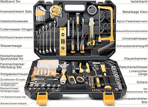 Sundpey 257 tlg Werkzeugkoffer Gefüllt - Universelles Handwerkzeug-Set mit Ratschen & Steckschlüssel, Tragbarer Kompletter Werkzeugkasten in Blau - Cheap-Us