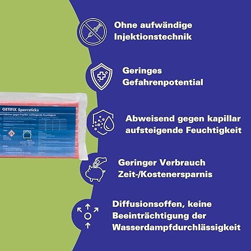 GETIFIX Horizontalsperre Sticks/Stäbchen extra lang 10x30 cm - gegen aufsteigende Feuchtigkeit im Baukörper wie Mauerwerke, Beton etc., einfach und schnell verarbeitet! | Wirksamkeit: WTA-geprüft - Cheap-Us