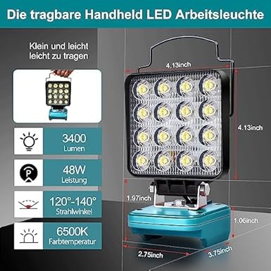 Edtran Akku Lampe Für Makita 18v, 48W Kabellose Led Arbeitsleuchte Akku, Hell Led Strahler Tragbares Flutlichter Baustellen Lampe,Akku Scheinwerfer mit Typ C und USB-Aufladung (NMTZFDTS4IN) - Cheap-Us